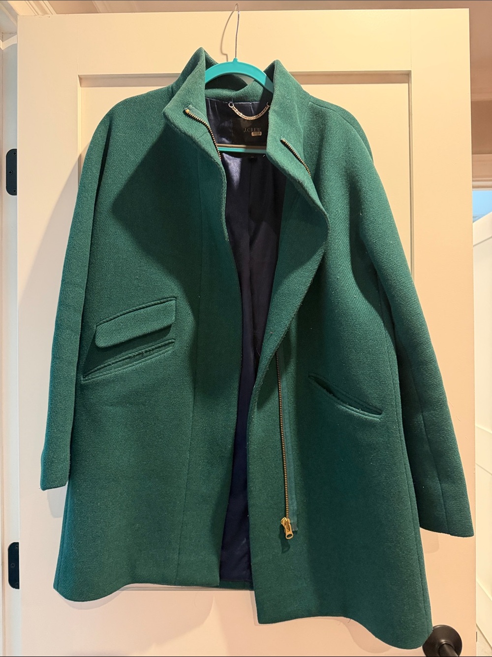 J. Crew Forest Green Wool-Blend Pea Coat with Asymmetric Zip